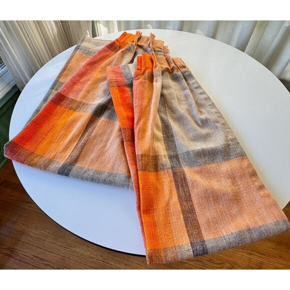 Vintage 70s curtains, orange ombre plaid pair of panels, pleated - Picture 1 of 8